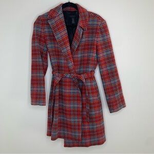 The Limited multicolor plaid tie waist wool pea coat